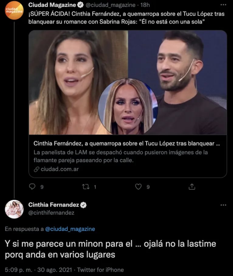 Cinthia Fernández disparó contra Tucu López tras la confirmación de su ...