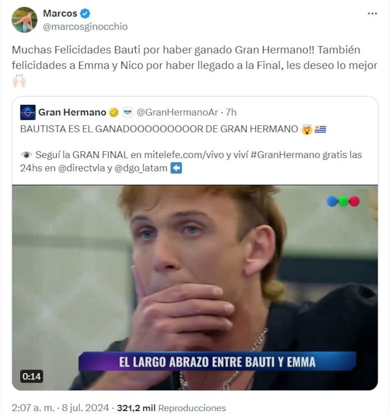 A Telefe no le habría caído bien el mensaje de Marcos a Bautista.