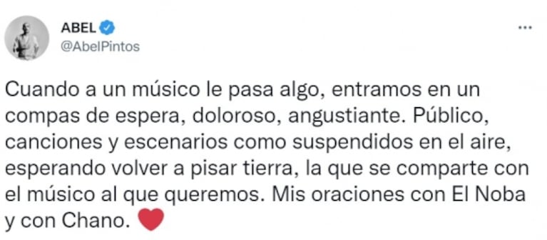 Abel Pintos les dedicó un profundo mensaje a Chano Charpentier y a El Noba por su salud: "Mis oraciones"