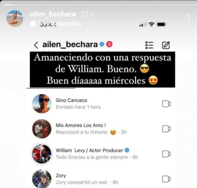 Ailén Bechara contó que William Levy le escribió por privado: "Amaneciendo con su respuesta"