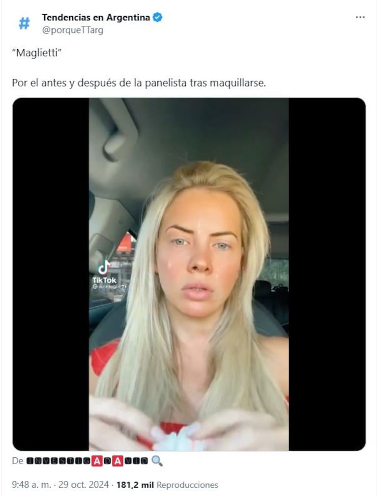 Alejandra Maglietti se mostró a cara lavada y las redes se sorprendieron por cómo luce sin maquillaje (Foto: Captura X /porqueTTarg)