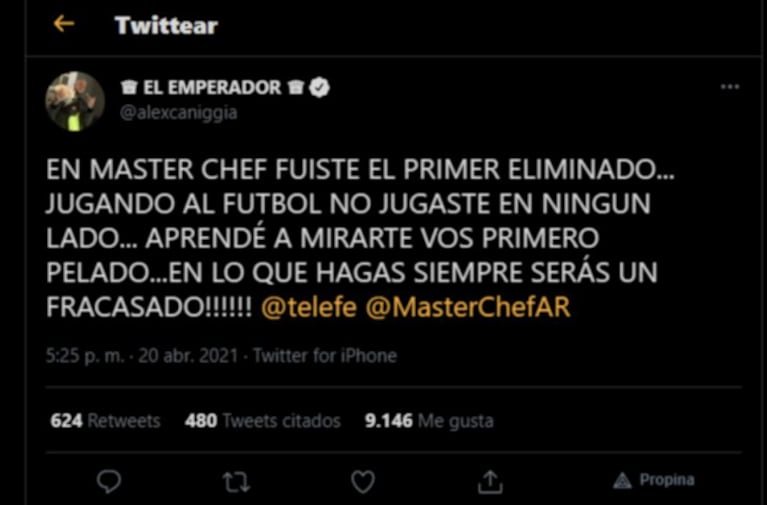 Alex Caniggia cruzó sin filtros a Mariano Dalla Libera tras su paso por MasterChef: "Siempre será un fracasado"