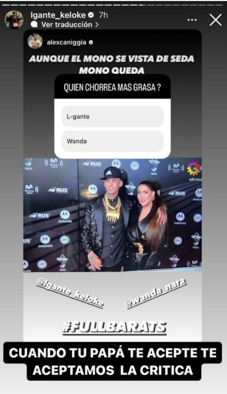 Alex Caniggia le respondió fuertísimo a L-Gante y comparó a Wanda Nara con un electrodoméstico