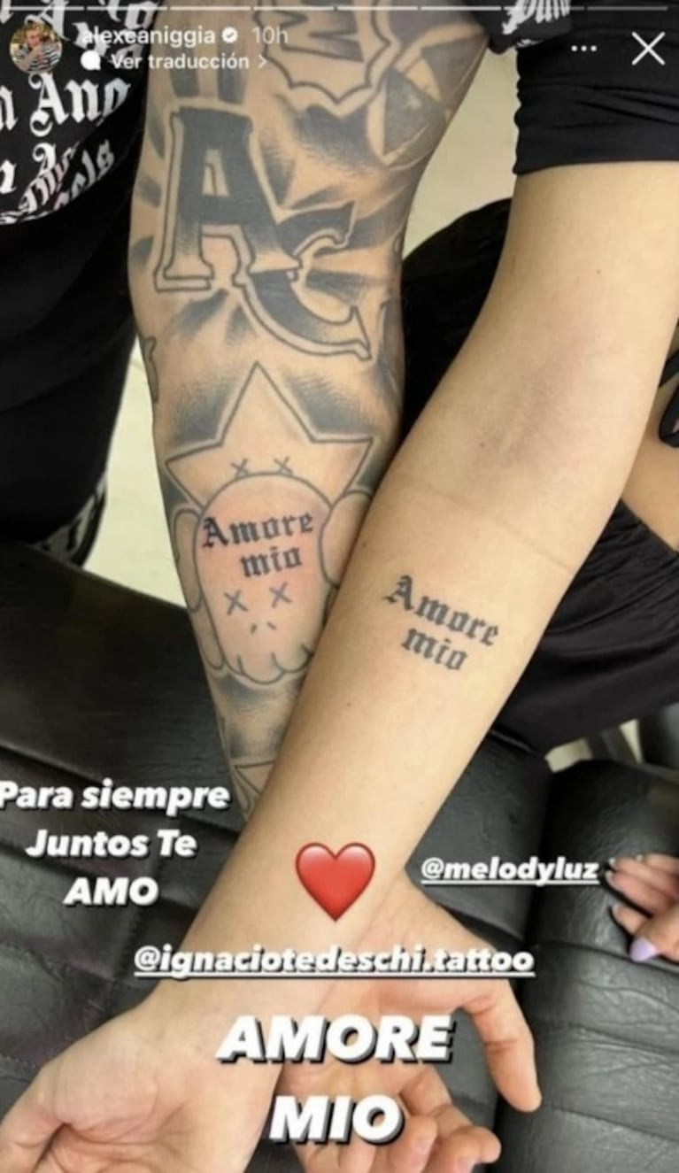 Alex Caniggia y Melody Luz se hicieron un jugadísimo tatuaje en común: "Juntos para siempre"