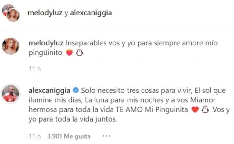 Alexander Caniggia le dedicó su amor eterno a Melody Luz: "Toda la vida juntos"