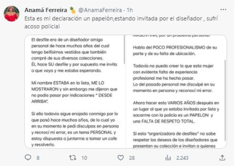 Anamá Ferreira acusó a Elina Fernández de hacerla echar de un desfile: “Una falta de respeto absoluta”