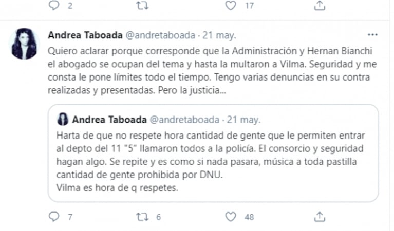 Andrea Taboada denunció públicamente a una vecina por romper la cuarentena: "Harta de que no respete"