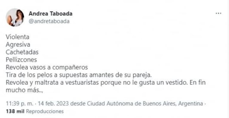 Andrea Taboada disparó con todo contra Fernanda Iglesias: "Violenta y agresiva"