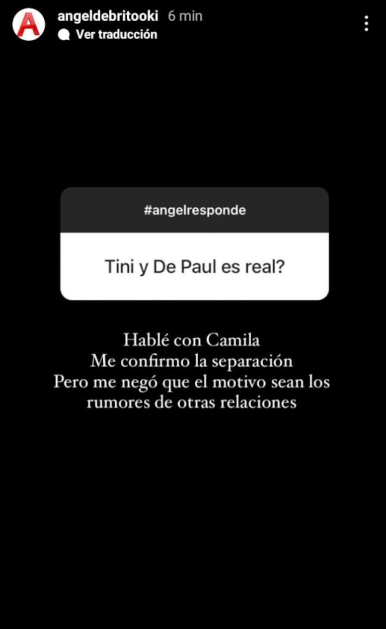 Ángel contó qué le dijo Camila Homs sobre su separación de Rodrigo de Paul y el rumor de romance con Tini: "Me negó que el motivo sean los rumores"
