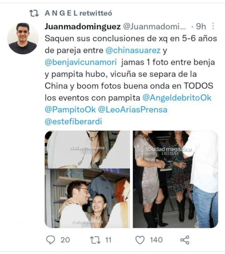 Ángel de Brito compartió un fuerte tweet sobre las postales de Benjamín Vicuña con Pampita: "En pareja con la China, jamás una foto"