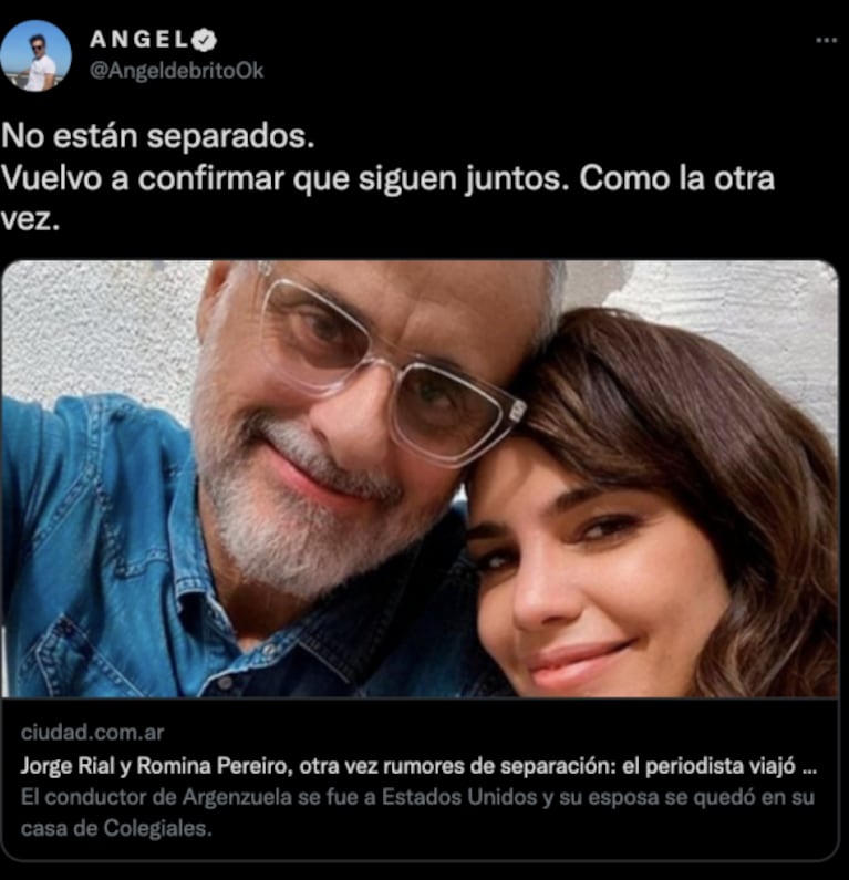 Ángel de Brito habló de la relación de Jorge Rial y Romina Pereiro en medio de los rumores de crisis: "No están separados"