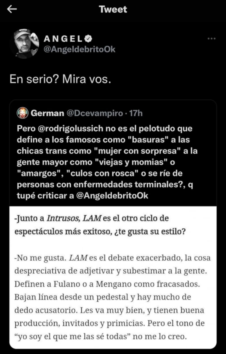 Ángel de Brito le respondió a Rodrigo Lussich después de sus fuertes críticas a LAM: “¿En serio? Mirá vos”