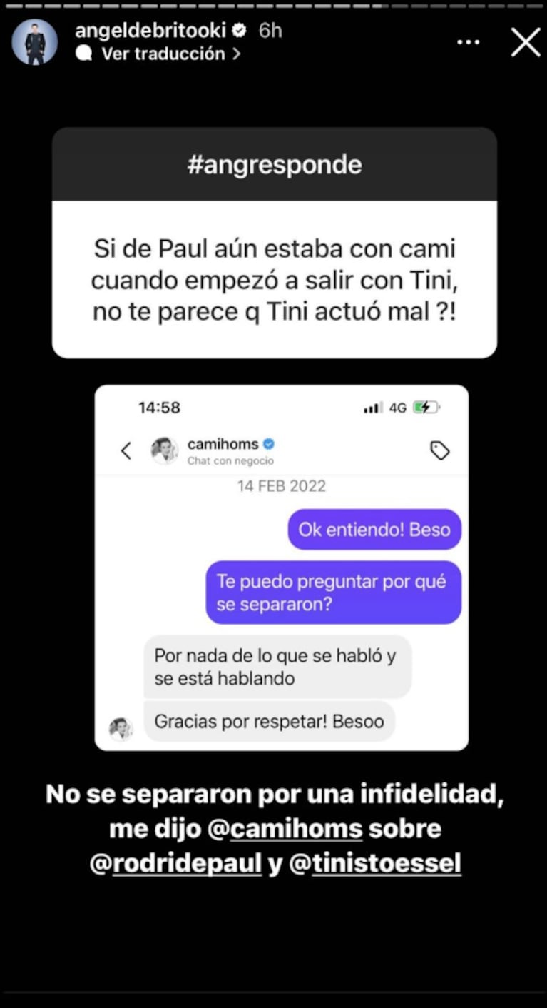 Ángel de Brito posteó un chat con Camila Homs en el que hablan de la infidelidad de Rodrigo de Paul