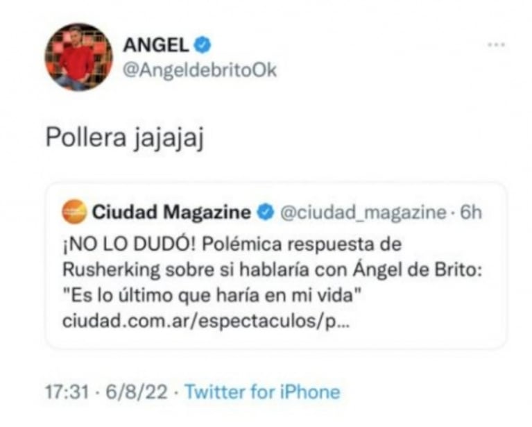 Ángel de Brito reaccionó picante luego de que Rusherking asegurara que no hablaría con él: "Pollera" 