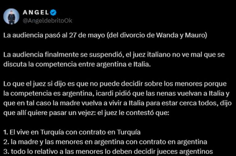 Ángel de Brito reveló cómo terminó la primera audiencia entre Wanda Nara y Mauro Icardi (Foto: Twitter @angeldebritook)