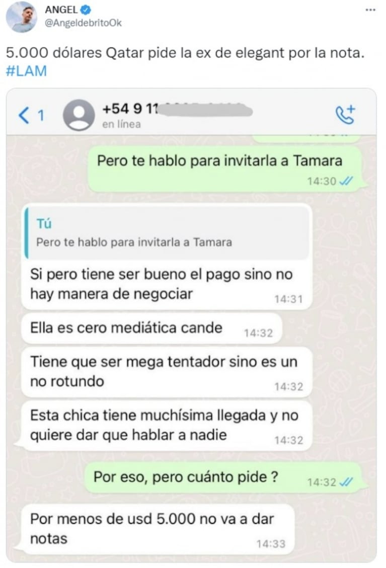 Ángel de Brito reveló la alta suma de dinero que pide Tamara Báez, la ex de L-Gante, para dar una nota