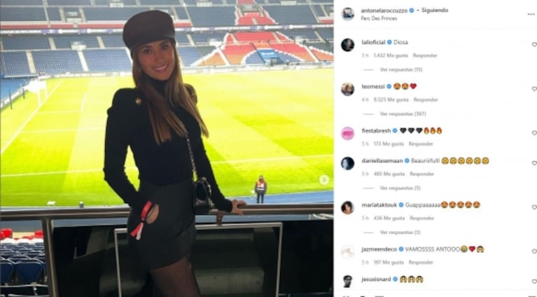  Antonela Roccuzzo lució look total black, mini, boina y cartera de Chanel: los elogios de Messi y Lali