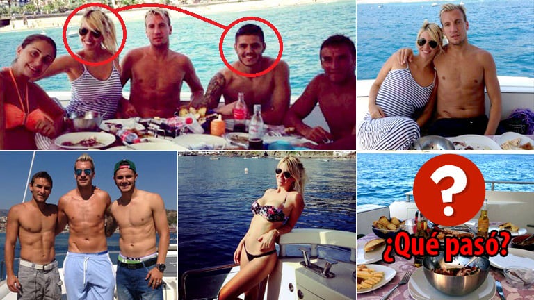 Arriba a la izquierda: la mujer de Bergessio, Wanda Nara, Maxi López, Mauro Icardi y Gonzalo Bergessio, a bordo de un barco que paseó por el Mar Tirreno. Ese día fue el primer encuentro íntimo entre Wanda y Mauro... Fotos: archivo Twitter.