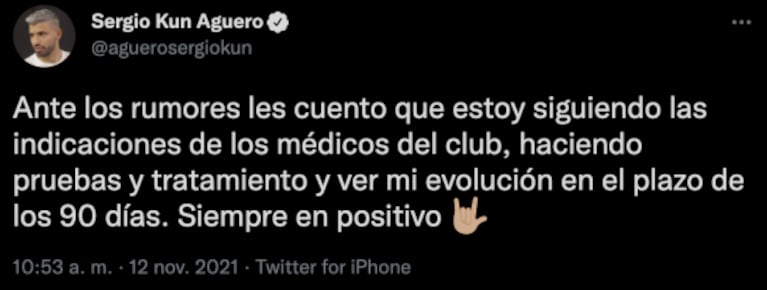 Aseguraron que el Kun Agüero podría retirarse de las canchas por su arritmia y él reaccionó: "Siempre en positivo"