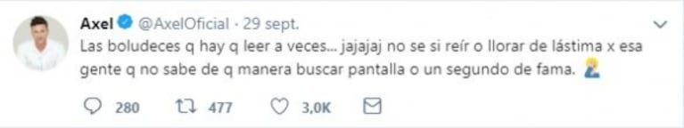 Axel estalló tras ser acusado por Carolina Molinari de dejarla sin trabajo: "Las boludeces que hay que leer"