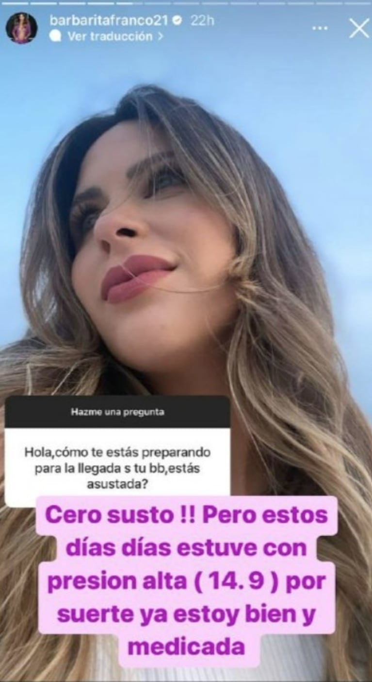 Barby Franco contó que tuvieron que medicarla, faltando 20 días para ser mamá: "Estoy con presión alta"