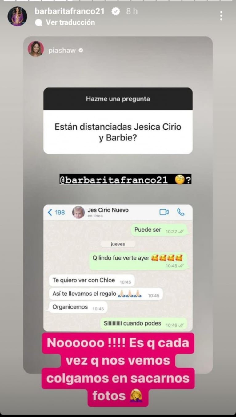 Barby Franco mostró su chat con Jésica Cirio en medio de rumores de pelea