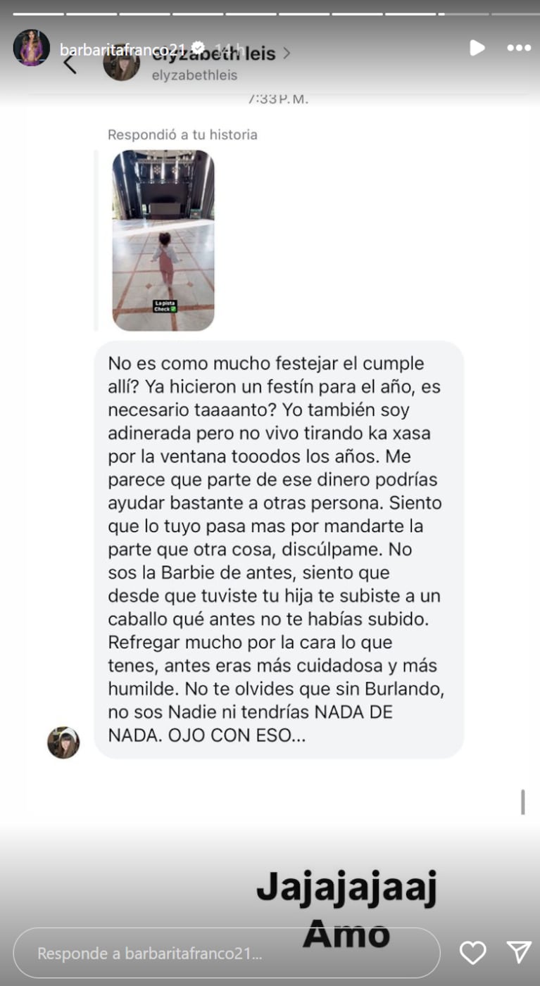 Barby se burló de la crítica de su seguidora.