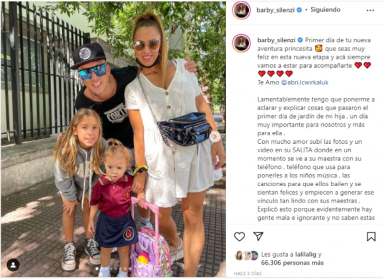 Barby Silenzi estalló tras compartir fotos del primer día de jardín de Abril, su hija: "Gente mala e ignorante"