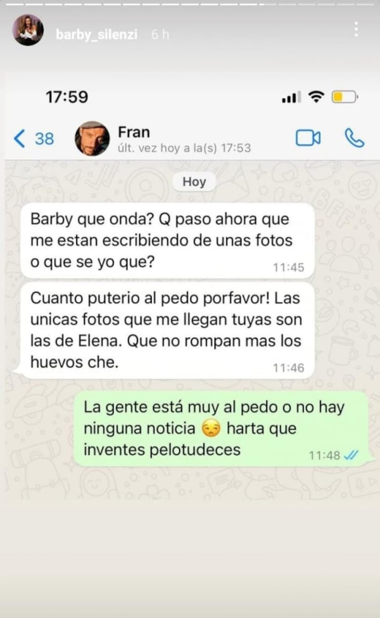 Barby Silenzi mostró un chat con Francisco Delgado tras la versión de que intercambiaban mensajes subidos de tono: "Harta"