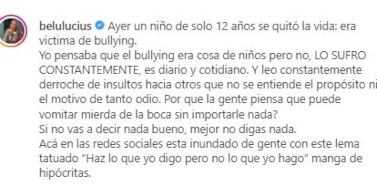 Belu Lucius habló del bullying que recibe en las redes: "Lo sufro constantemente"