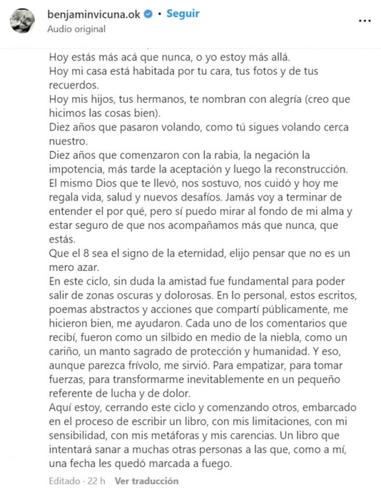 Benjamín Vicuña contó que escribirá un libro sobre el duelo por la muerte de Blanca: "Intentará sanar a muchas otras personas"