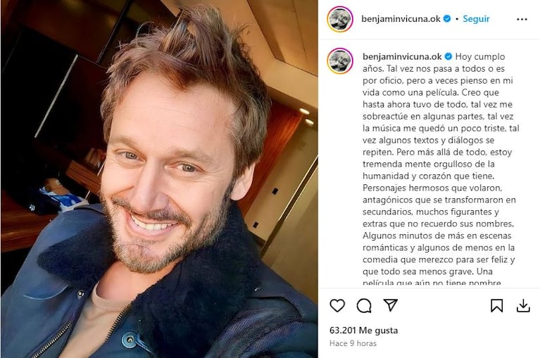 Benjamín Vicuña publicó un posteo en el día de su cumpleaños.