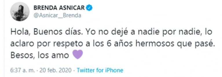 Brenda Asnicar confirmó su separación y lanzó un contundente mensaje sobre el rumor de que dejó a su marido por Duki