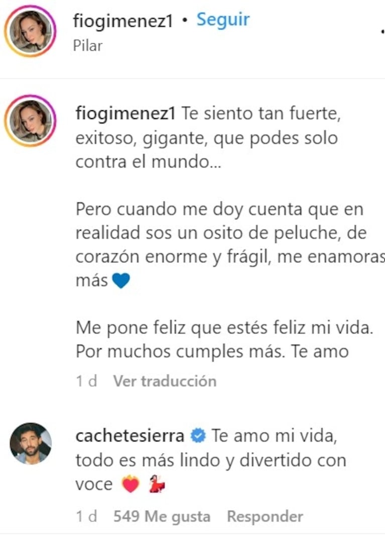 Cachete Sierra cumplió 32 años y Fiorella Giménez le dedicó un apasionado posteo