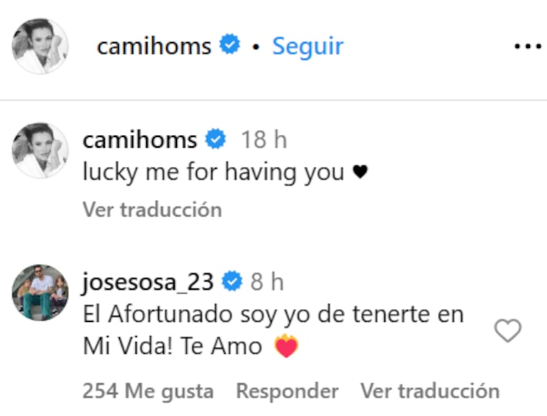 Cami Homs le dedicó su amor a José “Principito” Sosa con un posteo a los besos: “Afortunada de tenerte”