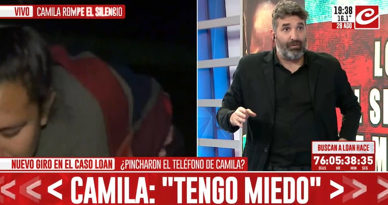 Camila no quiso responder una pregunta y llorando abandonó el móvil.