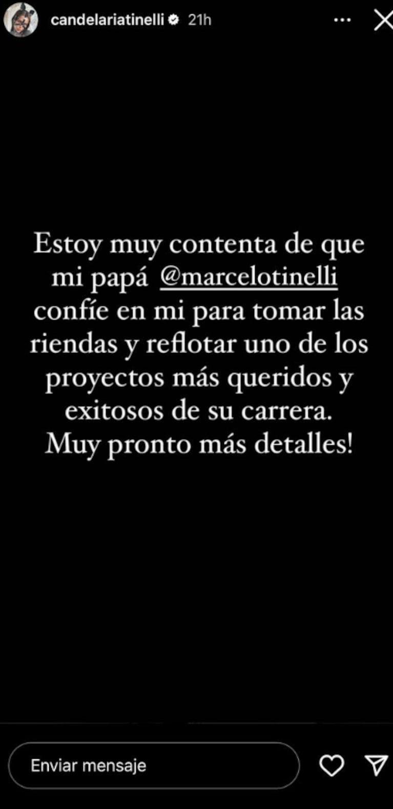 Cande Tinelli anunció que se hará cargo de uno de los proyectos más importantes de su papá Marcelo: "Muy contenta"