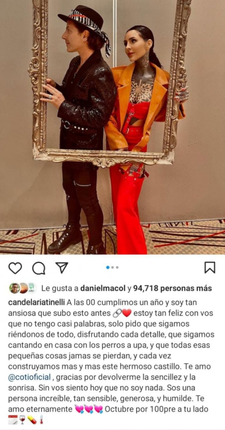 Cande Tinelli le dedicó a Coti Sorokin un fuerte mensaje por su primer aniversario: "Sin vos siento que no soy nada"