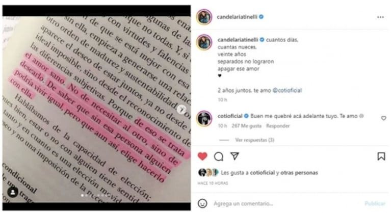 Cande Tinelli y Coti Sorokin cumplieron dos años de noviazgo: el apasionado mensaje luego de la crisis