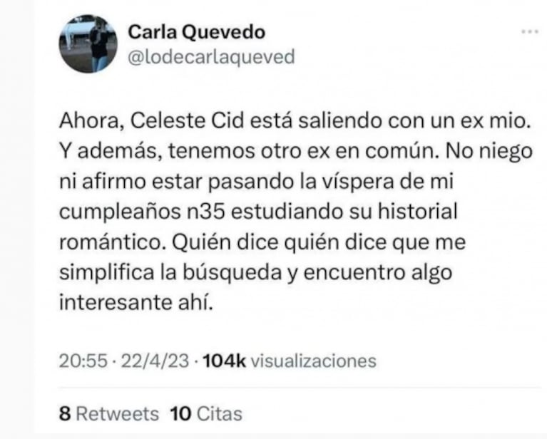 Carla Quevedo ventiló que fue la última novia de Abril Sosa y de otro ex famoso de Celeste Cid 