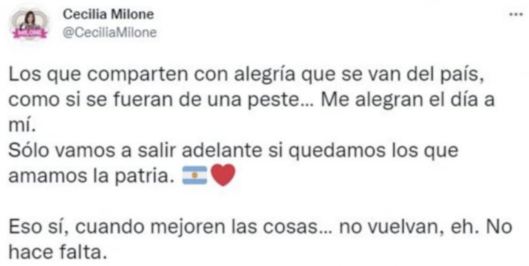 Cecilia Milone les dedicó una polémica frase a los argentinos que se van del país: "Cuando las cosas mejoren, no vuelvan"