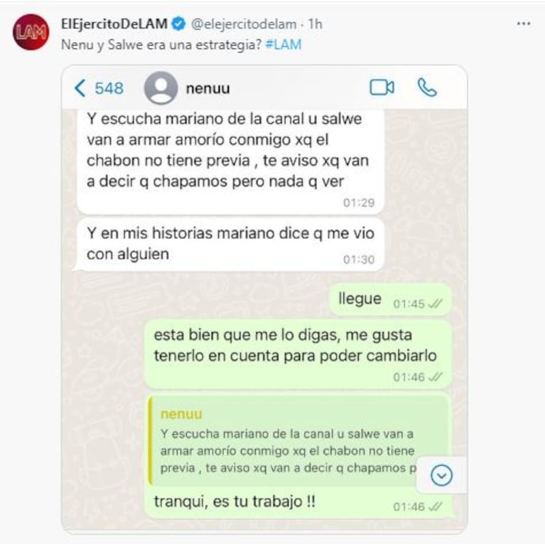 Chat entre Nenu López y un productor de Bailando 2023 (Foto: Twitter @elejercitodeLAM)