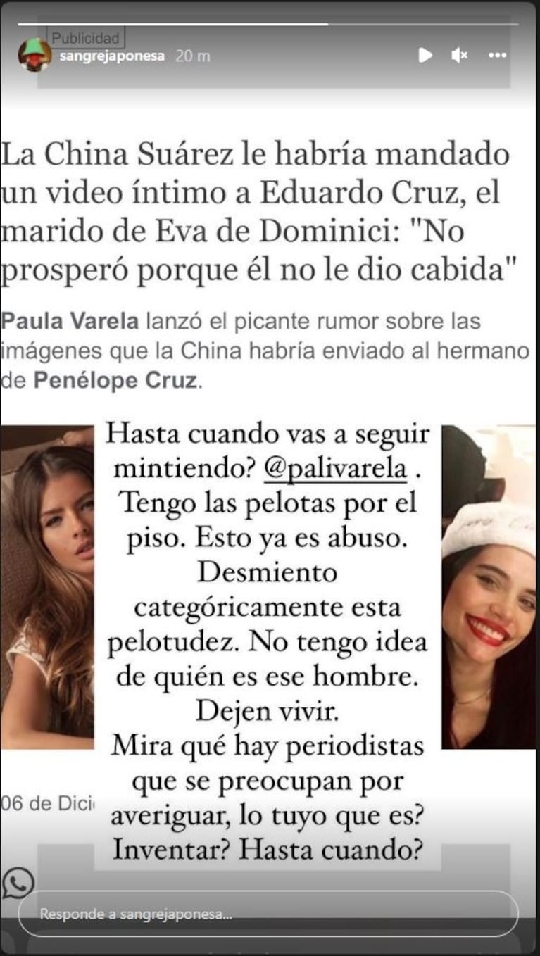 China Suárez fulminó a Paula Varela por el rumor del video íntimo al esposo de Eva de Dominici: "Ya es abuso"