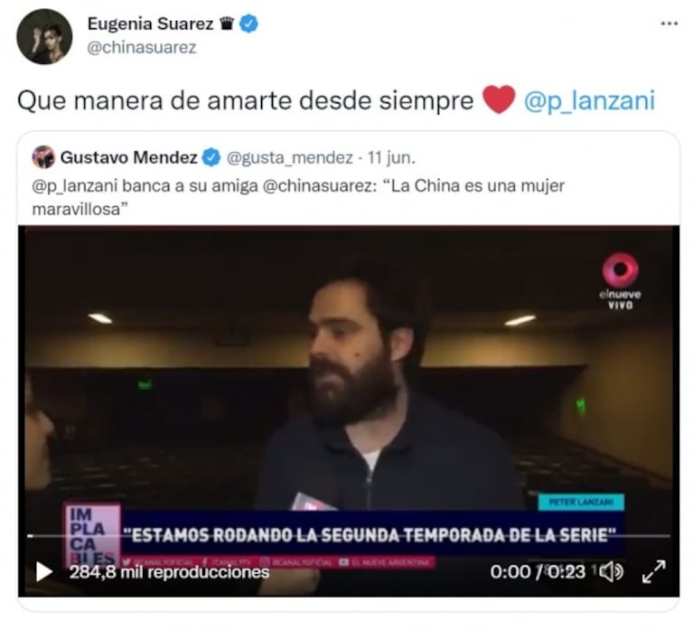 China Suárez le agradeció a Peter Lanzani su defensa pública en medio de las críticas: su cariñoso mensaje