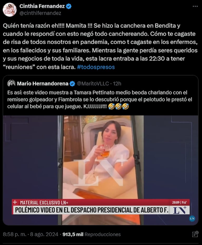 Cinthia apuntó contra Tamara por su encuentro clandestino con Alberto.