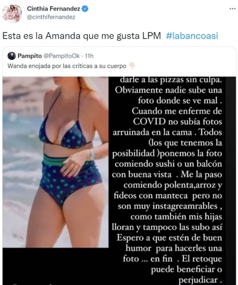 Cinthia Fernández apoyó a Wanda Nara tras su descargo por sus fotos sin Photoshop