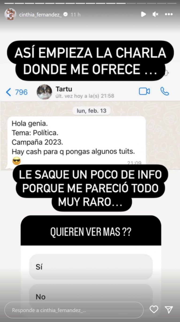 Cinthia Fernández escrachó a Tartu con un polémico mensaje de WhatsApp que él le habría mandado: "Hay cash"