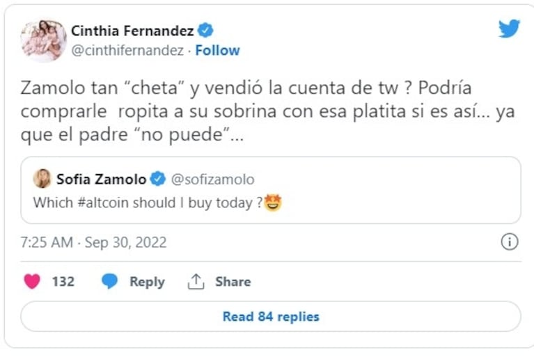 Cinthia Fernández fulminó a Sofía Zámolo por sus conflictos familiares: "Podría comprarle ropita a su sobrina"