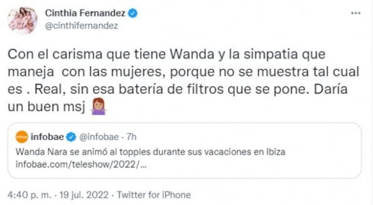 Cinthia Fernández fulminó a Wanda Nara por las fotos en Ibiza