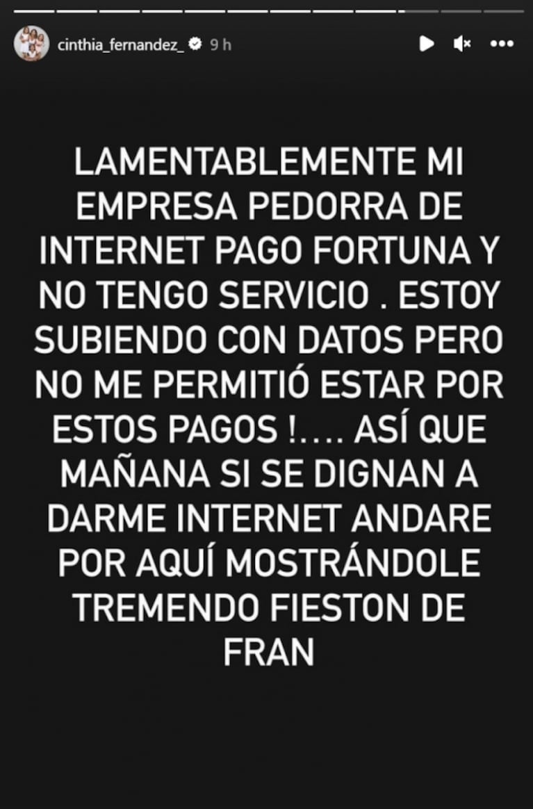 Cinthia Fernández, furiosa por no poder mostrarles a sus fans el cumple de su hija Francesca